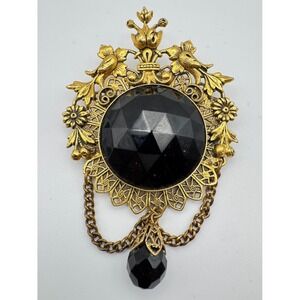 Vintage Fluer-de-Lis Brooch Victorian Revival Black  Gold-Tone Pendant Spring